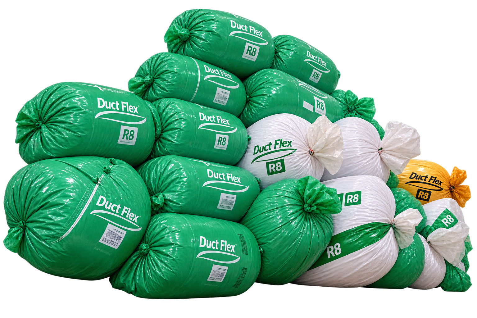 Duct Flex R8 flexible ductwork rolls in green, white, and yellow