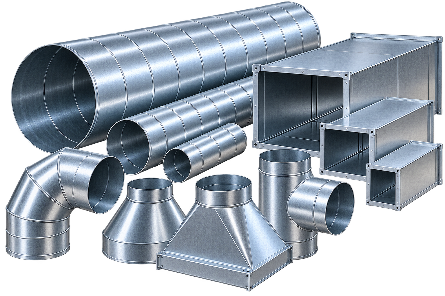 Spiral duct pipes, rectangular ductwork, elbows, reducers, and tee fittings
